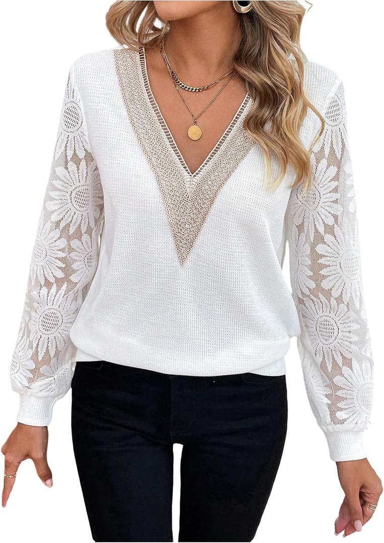 BEAUDRM Women's Floral Lace Blouses Long Sleeve V-Neck Autumn Work Shirt Office Shirt Tops (S)