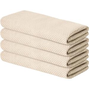 Artoid Mode 100% Cotton Beige Waffle Weave Kitchen Dish Cloths, 13x28 Inch Ultra Soft Absorbent Quick Drying Kitchen Dish Towels Set of 4