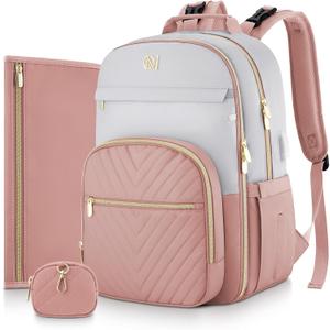 MOMUVO Diaper Bag Backpack, Quilted Baby Bag with Changing Pad & Stroller Straps & Pacifier Case, Large Travel Diaper Bags for Mom Dad, Pink Grey