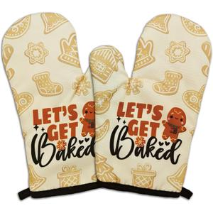 2 Pcs Funny Baking Oven Mitts Let's Get Baked Heat Resistant Mitts Cute Gingerbread Man Silicone Non-Slip Oven Mitts for Kitchen Decor Great Housewarming Gifts for Baking Lover Chef Friend