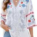 Mexican Shirts Peasant Blouses Cotton Embroidered 3/4 Sleeve Summer V Neck Tunic Bohemian Tops Boho Clothes for Women (Large, White)