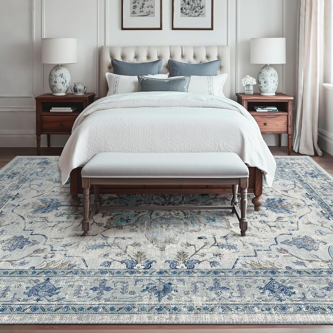 Area Rugs 9'x12' Washable Non-Slip, Floral Vintage Distress Print Pattern Medallion Carpet for Living Room Bedroom Dining Room, Light Blue Navy Beige Gray White