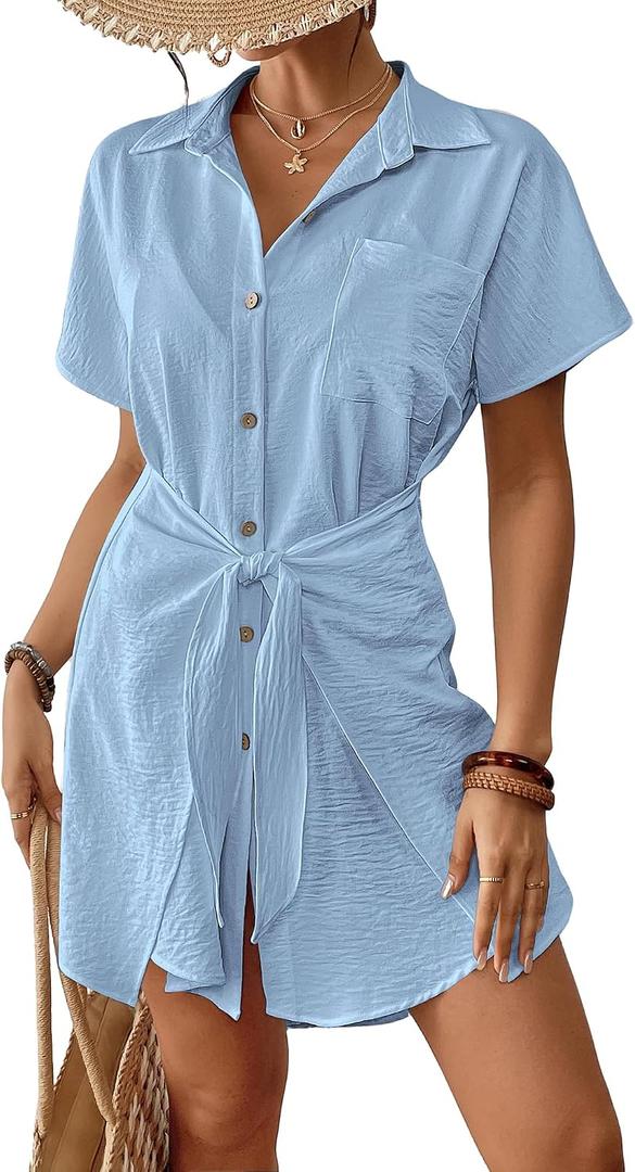 Bsubseach Womens Swimsuit Coverup Short Sleeve Button Down Tie Beach Shirt Dresses Summer Bathing Suit Cover Up Swimwear Blue L