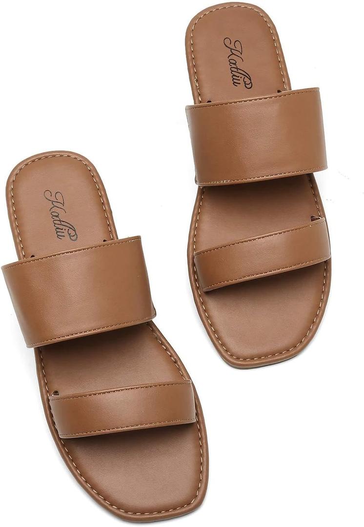 katliu Women's Flat Sandals Two Strap Slide Sandals Open Toe (7, Brown)