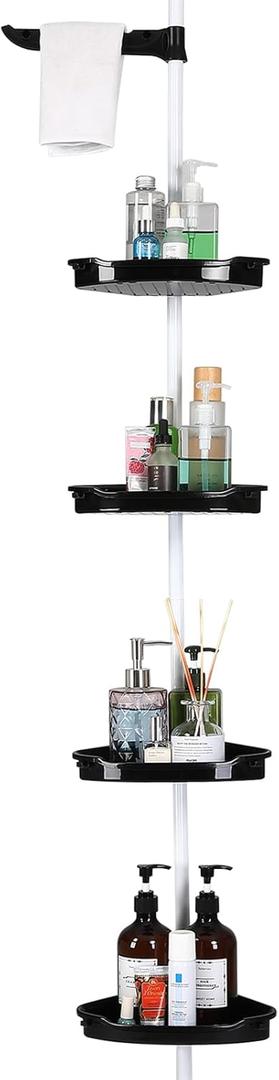 No-Drill Corner Shower Caddy Tension Pole, Rust-Resistant Bathroom Storage Organizer with 4-Tier Adjustable Shelves & Rubber Pad, 101.6''- 122'' Height, Black & White