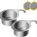 Swan Stainless Steel Sink Strainer Basket with Fast-Draining Side Drain, Includes 2 Double-Sided Scrubbing Sponges for Kitchen, Fruit, Vegetable & Food Waste Disposal (2 Pcs)