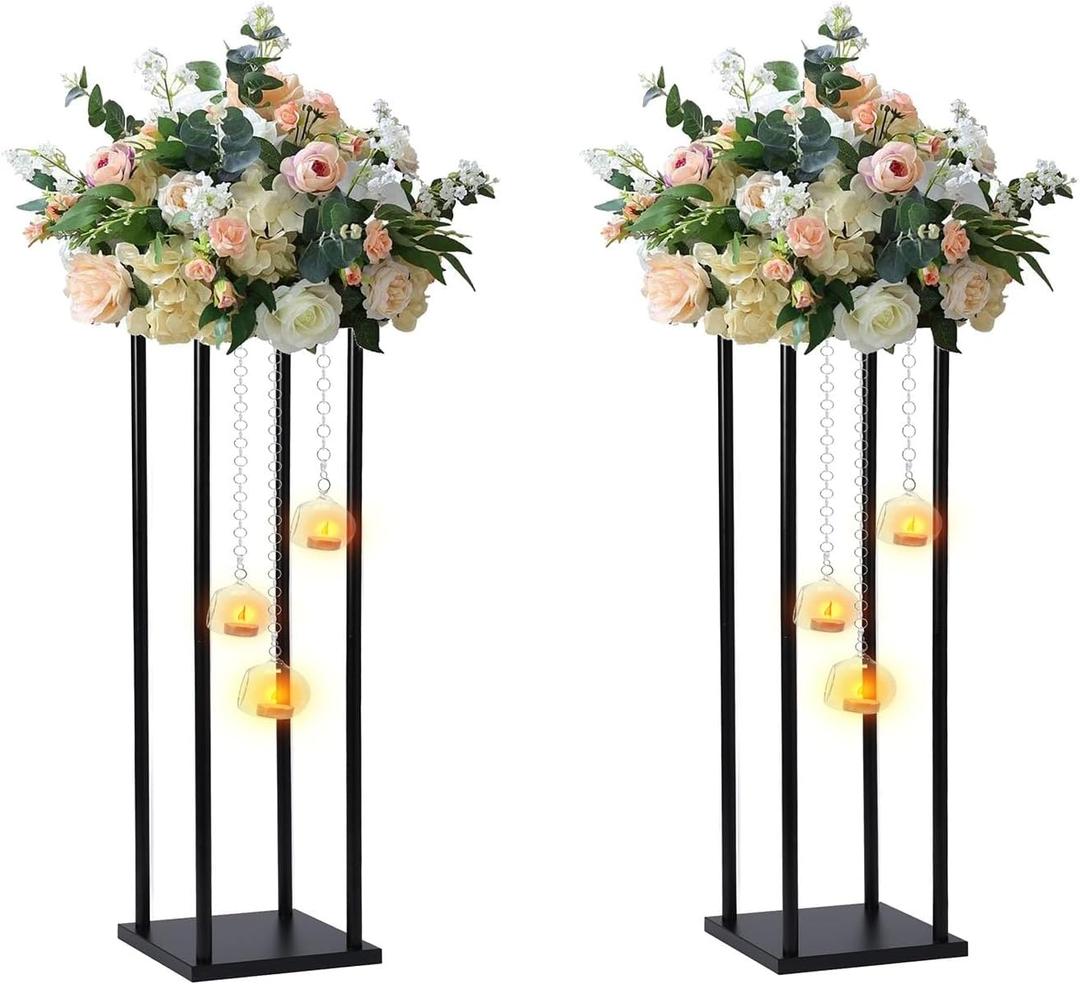 Rectangular Metal Wedding Flower Stand Vase with Hanging Glass Globe Terrarium Tealight Candle Holder, Multifunctional Geometric Column Frame Centerpiece (Black, 2 Pcs 25.2'')