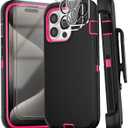 for iPhone 15 Pro Max Case with Belt Clip Kickstand Holster, 2 Camera Lens Protector & 2 Screen Protector, Heavy Duty Full Body Protective Phone Case 6.7" (Belt Clip,Black Rose)