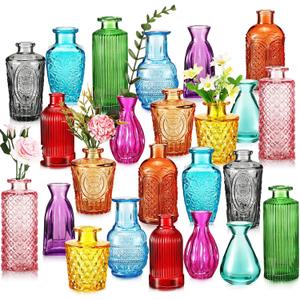 Dandat 24 Pieces Colored Small Vases Decorative Glass Bud Vases Rustic Embossed Colorful Bottles Vintage Glass Bottles for Flowers Home Wedding Decor Table Centerpieces Decorations, 12 Styles