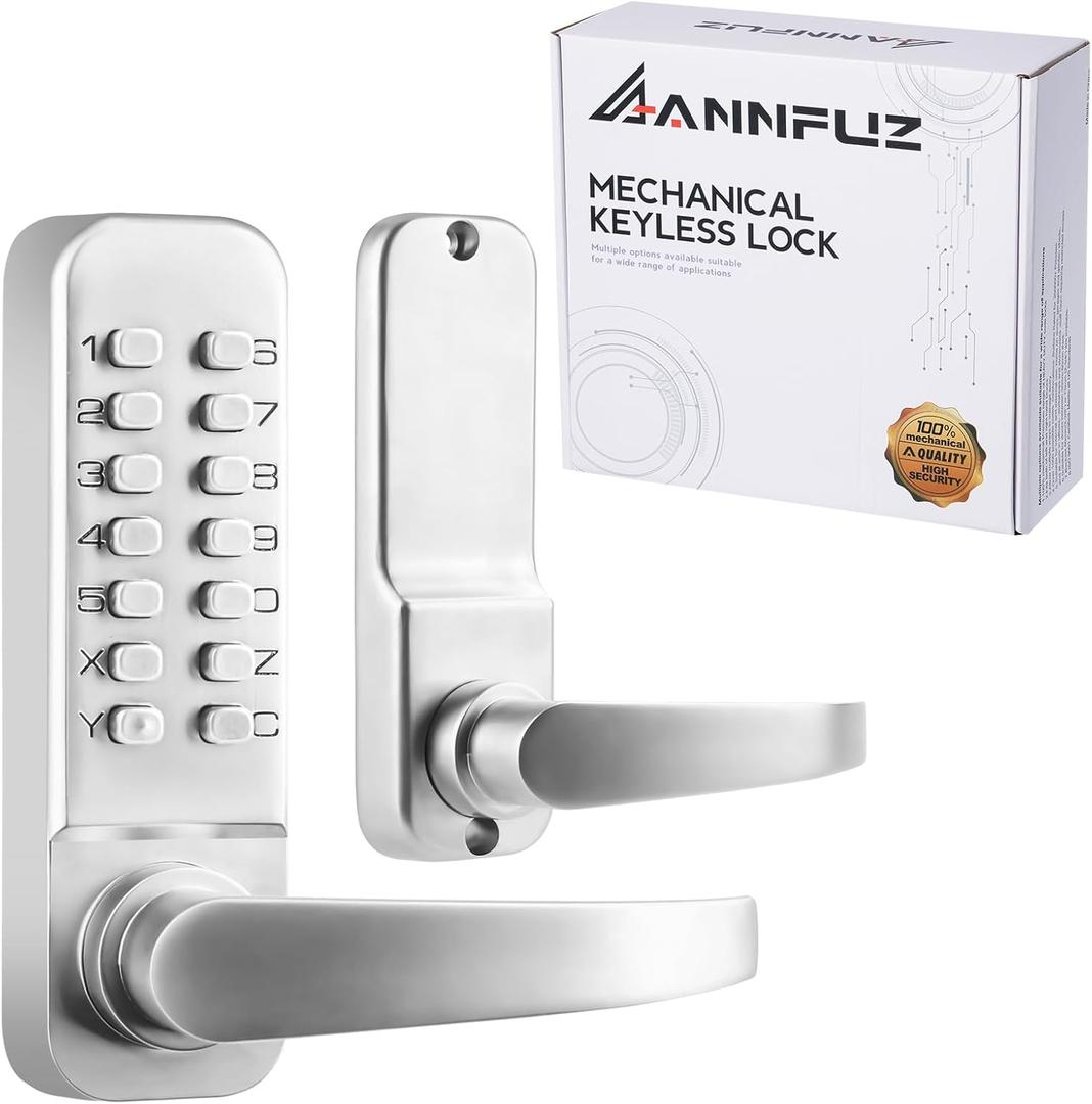 Single-Sided Mechanical Keyless Keypad Door Handle Lock,Combination Push Button Code Front Entry Door Lock Lever Set,Auto-Locking,Interior Hold-Opening,for Garage,No Electronic(Pearl Chrome)