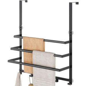 Over The Door Towel Rack, Over Door Towel Racks for Bathroom Door with 5 Hooks, 3 Tier Towel Storage Hanger Holder for Bathroom Accessories, 16 Inch Towel Bar for Hanging Towels, Matte Black