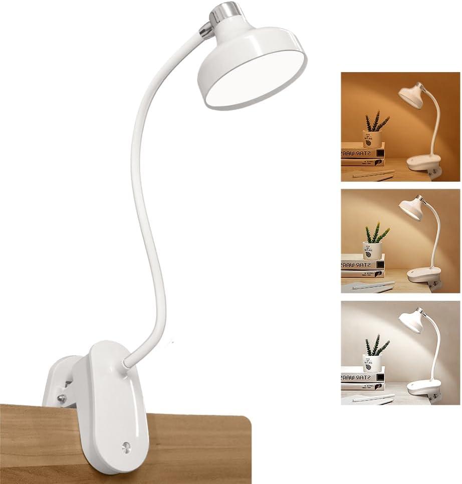 Clip On Clamp Light for Bed Headboard,Rechargeable Desk Lamp,3 Colors (White/Warm White/Warm),Dimmable 360 Gooseneck,20 LED,Eye-Caring Light for Study & WorkCollege Dorm Essentials for Girls & Guys