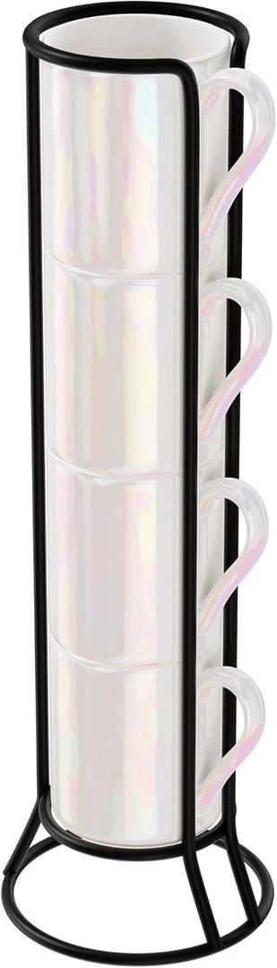 American Atelier Ceramic Mini Espresso Cups Set of 4, 3oz - Stackable Tiny Mugs for Small Shots of Coffee with Metal Stand - Use Demitasse Espresso Mug Racks for Any Kitchen or Caf (Pearlized)