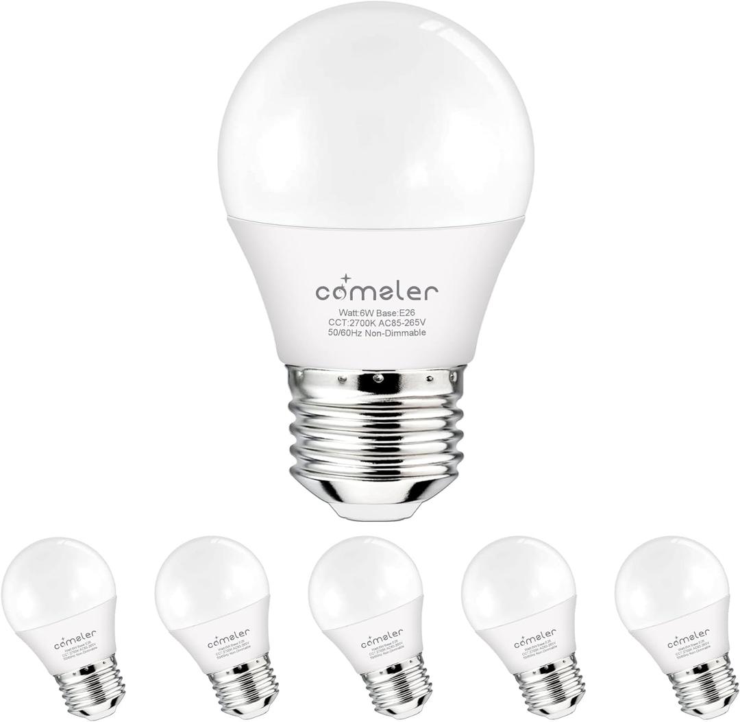 comzler Small Light Bulb 6 Watts Warm White Light 2700K, 60 Watts Globe Light Bulb Equivalent, E26 Standard Screw Base A15/G45 Shape LED Appliance Bulb Refrigerator 6-Pack