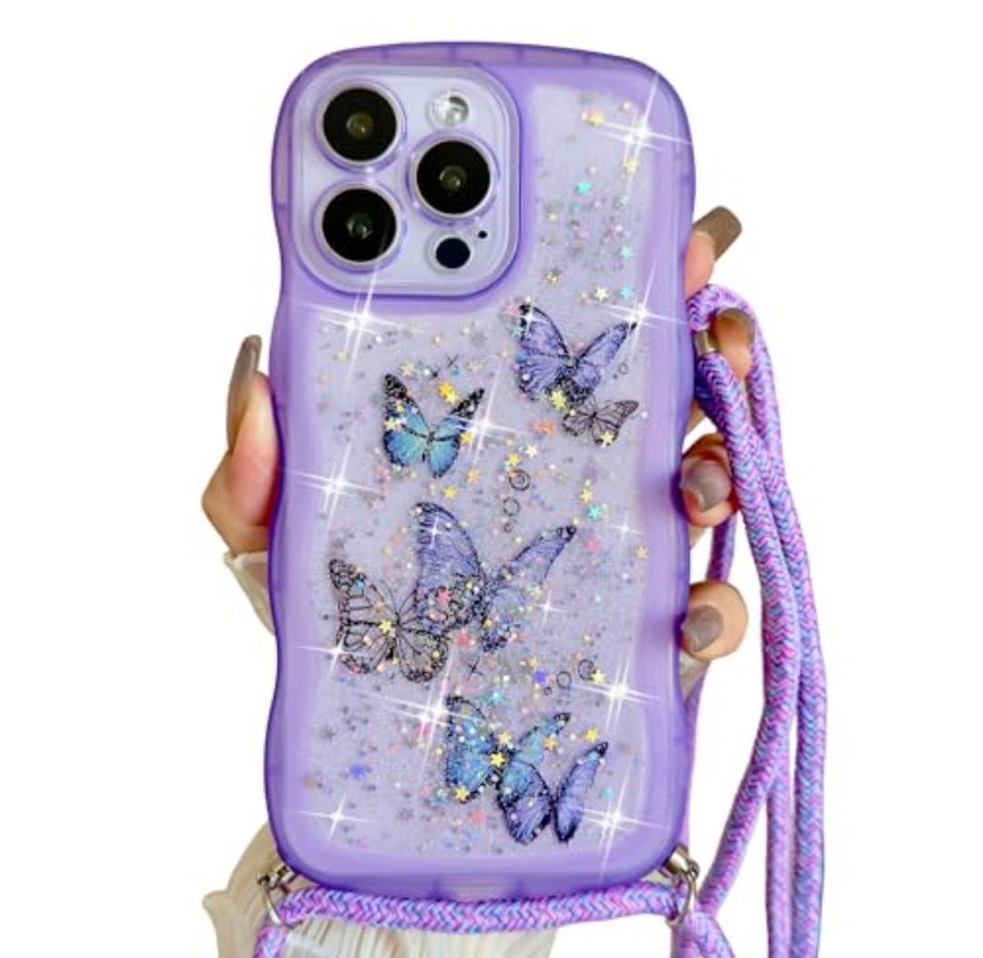 Yzniyzce Crossbody Case for iPhone  with Detachable Lanyard, Hands-Free Bling Glitter Silicone Clear Cute Butterfly Curly Wave Woman Girls Cover with Adjustable Necklace Rope, Purple