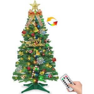 Remote Control-3 FT Artificial Mini Christmas Tree,Tabletop Small Christmas Tree with 50 Warm White & Multicolor Changing Lights Timer 8 Modes DIY Ball Ornaments,Home,Office,Indoor Holiday Decoration (Green)