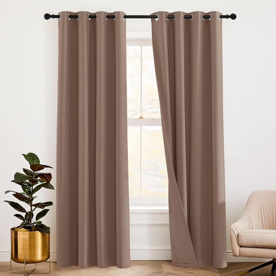 RYB HOME Noise Cancelling Curtains - 3 Layers Blackout Curtains Privacy Window Treatment Thermal Insulated Room Divider Drapes for Studio Bedroom Laundry Room, 52 x 84 inches, Mocha, 2 Pcs