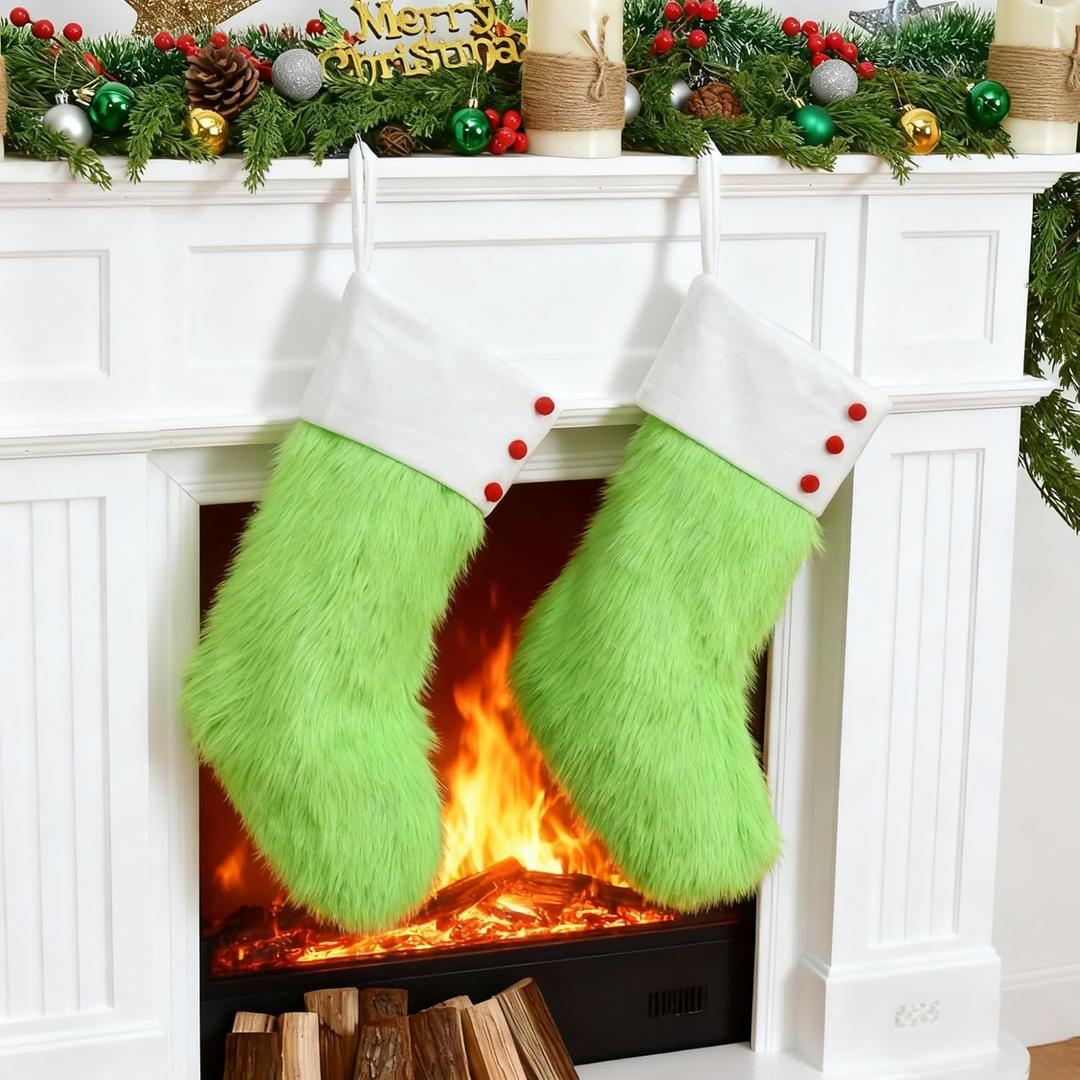 BEDBLK Cozy Christmas Stockings,2 Pack 20'' Large Green Faux Fur Plush Xmas Stockings,Rustic Farmhouse Stockings Gifts Hanging Ornament for Family Holiday Christmas Decorations (Green with White Cuff)
