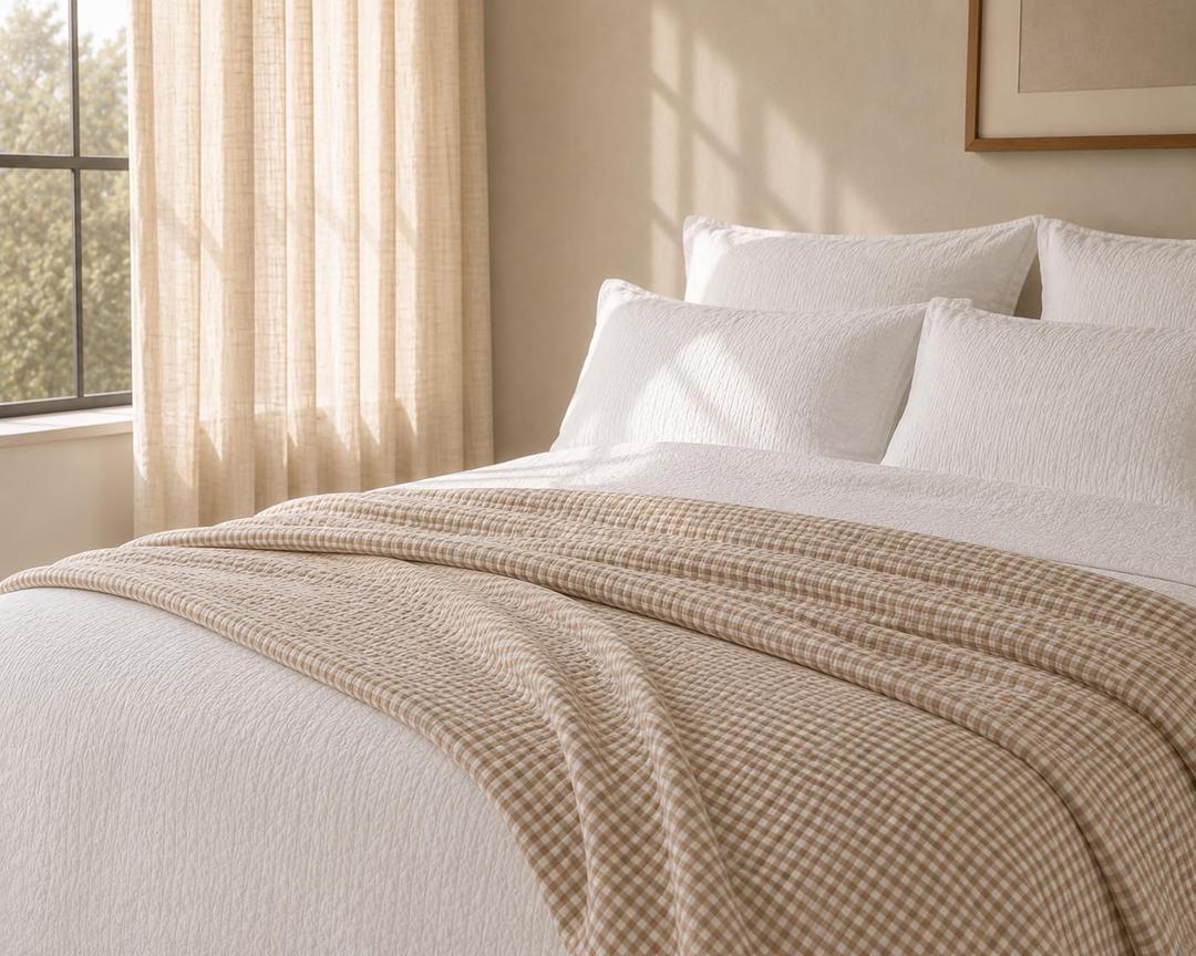 100% Organic Cotton Quilt (Shell & Fill), Neutral Gingham Quilt, Oeko-TEX Certified, GOTS Certified, Channel Stitching, Pre-Washed, Queen
