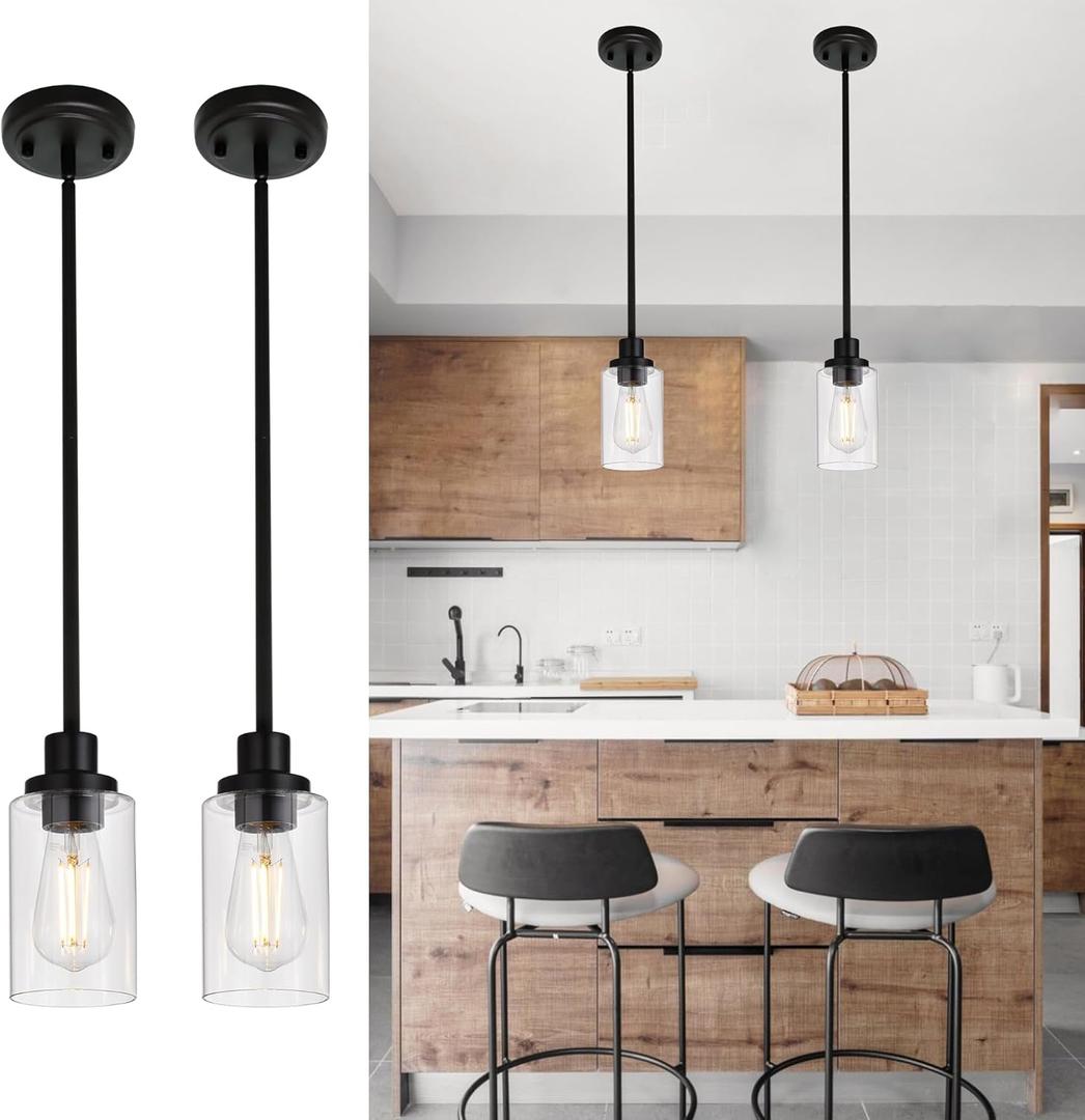 MELUCEE 2-Pack Pendant Light Black Adjustable Hanging Light Fixtures Ceiling with Clear Glass Shade, Set of Two Mini Pendant Lighting for Kitchen Island Hallway Porch Corridor