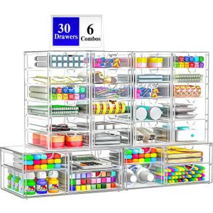 ARSTPEOE 30 Drawers, Acrylic Desk Makeup Organizer, Plastic Drawers Organizer, Stackable Storage Solution for Makeup, Dresser, Office, Bathroom Clear Plastic Craft and Bead Storage Cabinet