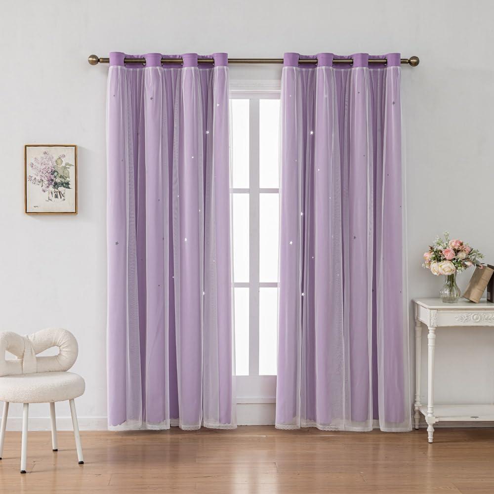 FANLI Ombre Rainbow Blackout Curtains for Kid Girls Bedroom Living Room Darking Stripe Double Layer Star Cut Out Wall Home Decor Gradient Grommet Window Curtains (Purple 63L) (52"W x 63"L (Pack of 2))