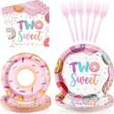 96 Pcs Two Sweet Donut Birthday Party Supplies Two Sweet Party Decorations Donut Plates Napkins Forks Girls Donuts Tableware Set for Baby Girl 2nd Birthday Decorations Baby Shower Serves 24