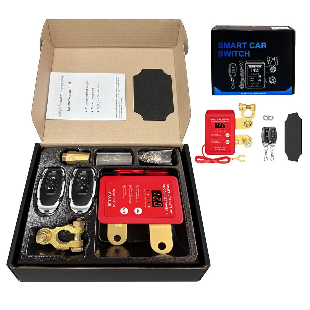 12V Smart Battery Disconnect Switch with Remote Control - Perfect for Cars, Trucks, RVs, and ATVs - Features LED Voltage Display and Anti-Theft Battery Cut-Off Capability (Red-DC)