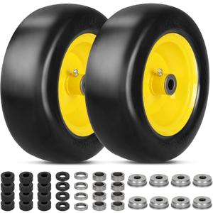 2 PCS 11x4.00-5" Lawn Mower Tires Flat Free,3/4" 5/8" 1/2" Bushing,3.4"-4"-4.5"-5" Centered Hub,Universal Fit Smooth Tread Tire for Zero Turn Lawn Mowers,with Universal Adapter Kit(Yellow Rim)