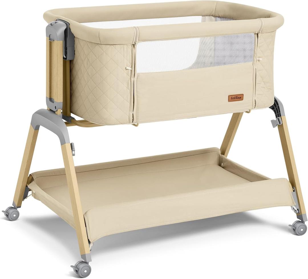 Bassinet Bedside Sleeper, Rocking Bassinets with Comfy Mattress and Wheels for Newborn, 5-Height Adjustable (Beige)