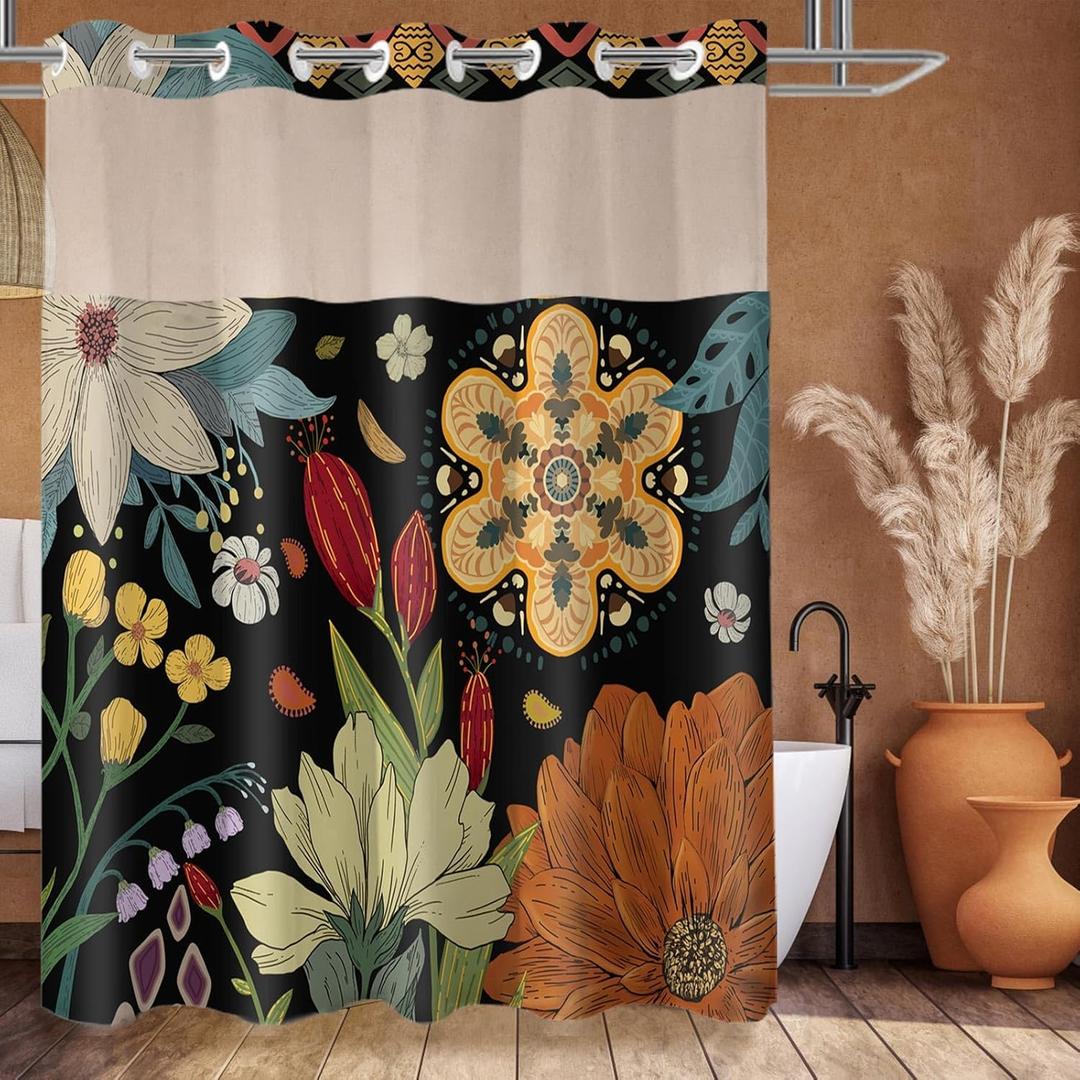 No Hook Shower Curtain and Liner Set, Black Boho Floral Shower Curtains for Bathroom, Modern Abstract Botanical Bath Curtain Sets with Liner, Luxury Hotel Bathroom Decor, 71x74 Inches
