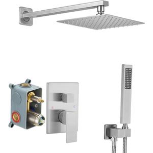 Brushed Nickel Shower System Brass Bathroom Luxury Rain Mixer Shower Combo Set Wall Mounted Rainfall Shower Head System Shower Faucet Rough-in Valve Body and Trim Included