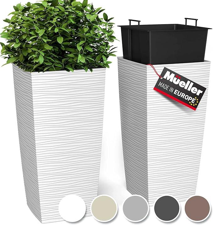 Mueller M-Resin Heavy Duty Tall Planter, Indoor/Outdoor Grande Plant, Tree, Flower Pot, 2-Piece Set, 27.5”, Modern Design, Built-in Drainage, Beige