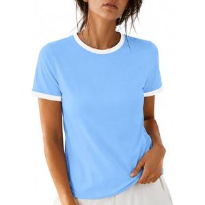 Remidoo Ringer Tee Women Short Sleeve Shirts Color Block Tops Casual Summer Vintage T Shirt Blue White X-Small