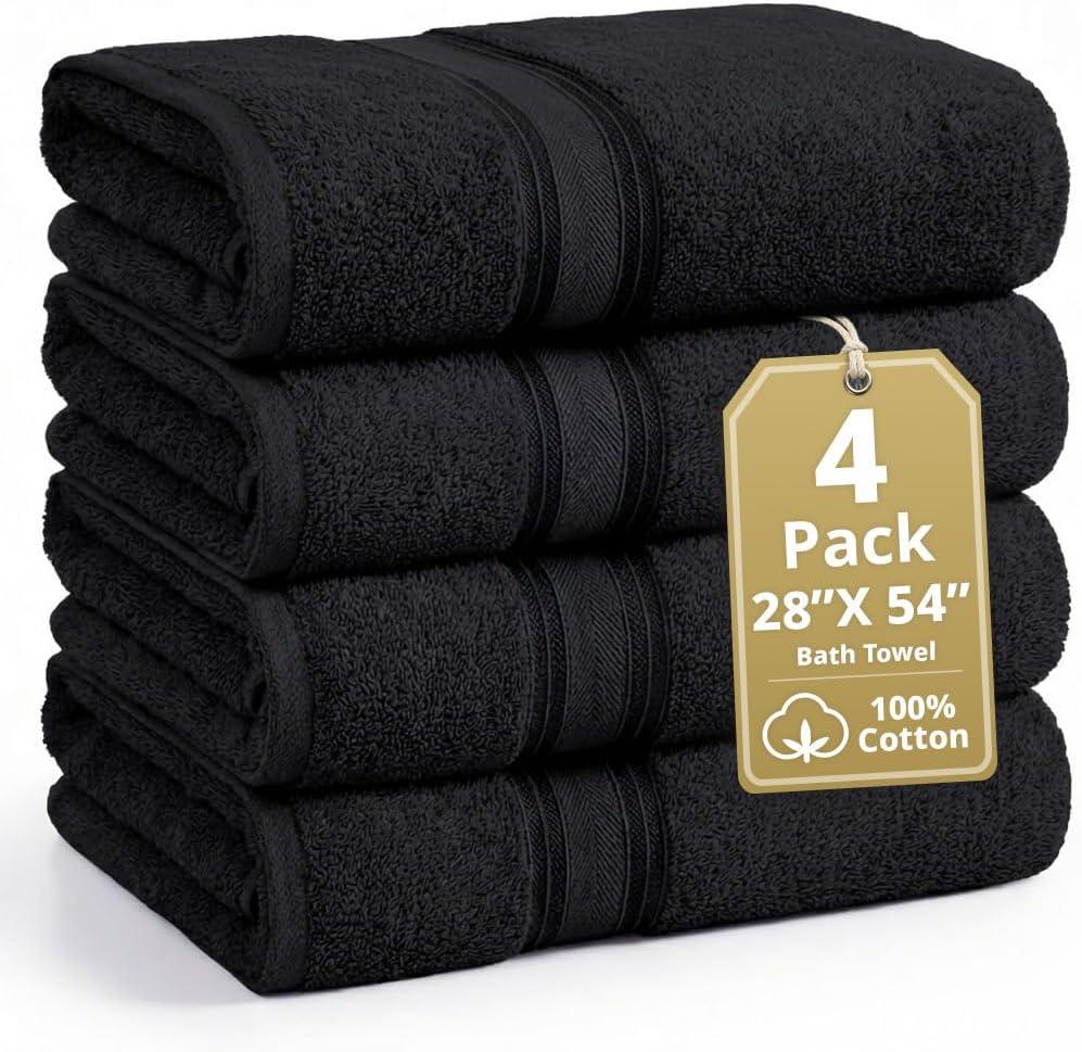 LANE LINEN 100% Cotton Bath Towels 4 Pack (28"x54") - Zero Twist, Mercerized Cotton Large Towel Set for Bathroom - Quick Dry, Soft & Absorbent Large Bath Towel Set - Oeko Tex Certified - Black Towels