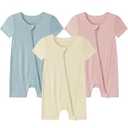 Ekkimy Baby Romper 3 Pack Bamboo Rayon Footless Short Sleeve Zipper Romper, 6-9 Monthsm, Blue Yellow, Pink