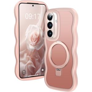 [Magnetic Stand & Cute Wave Frame] Case for Samsung Galaxy S26 [Fit for MagSafe] MIL-Grade Drop Protection Non Yellowing Matte Translucent Back Phone Case Cover for Galaxy S26 Case 6.3", Pink