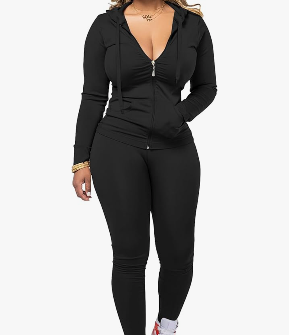 Women 2 Piece Outfits Casual Workout Sets Bodycon Tracksuit Zip Up Long Sleeve Hoodle Jacket Jogger Pants Set, Size L