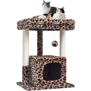 SYANDLVY 27" Cat Tree for Indoor Cats, Activity Tower with Scratching Posts, Modern Kitten Condo with Plush Perch & Hanging Ball for Play, Leopard Print