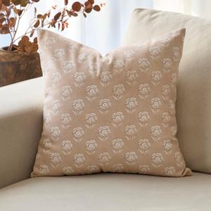 DOMVITUS Floral Pillow Covers 18x18 Throw Pillow Covers Decorative Farmhouse Block Floral Print Vintage Pillow Cover for Living Room Couch Bed, Light Camel, 1PC