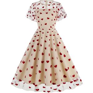 Women Floral Embroidery Dress Sheer Mesh Ruffle Sleeve Illusion Vintage Cocktail Swing Dress Tulle Dinner Dress (Small, Apricot Heart)