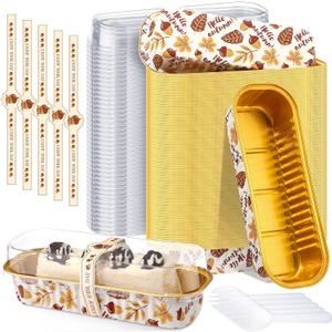 Tioncy 50 Pcs Thanksgiving Mini Pink Loaf Pans with Lids Spoons Sticker Acorn 6.8oz Disposable Rectangle Aluminum Foil Baking Pans Muffin Cupcake Cups for Christmas Picnics Birthday Party Supply