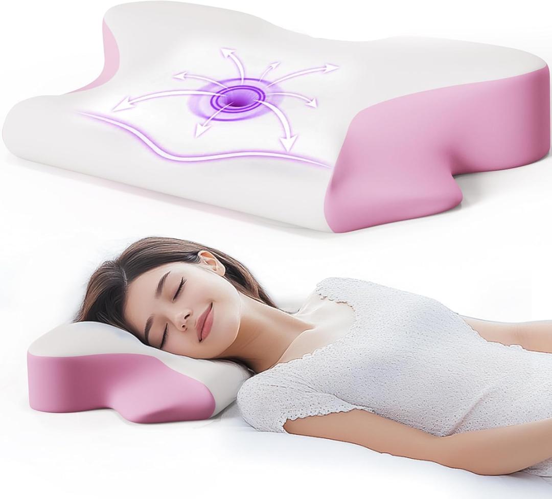 SKYEMAC Cervical Neck Pillow, Neck and Shoulder Support Pain Relief Pillow, Memory Foam Contoured Height Adjustable Pillow, Ergonomic Orthopedic Pillow for Bed Side Back Stomach Sleeper,Pink