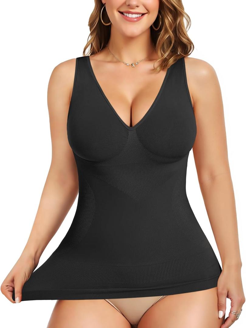Gotoly Shapewear for Women Compression Tank Tops Tummy Control Body Shaper Seamless Workout V-Neck Camisole Cami Tops (X-Large, Black)