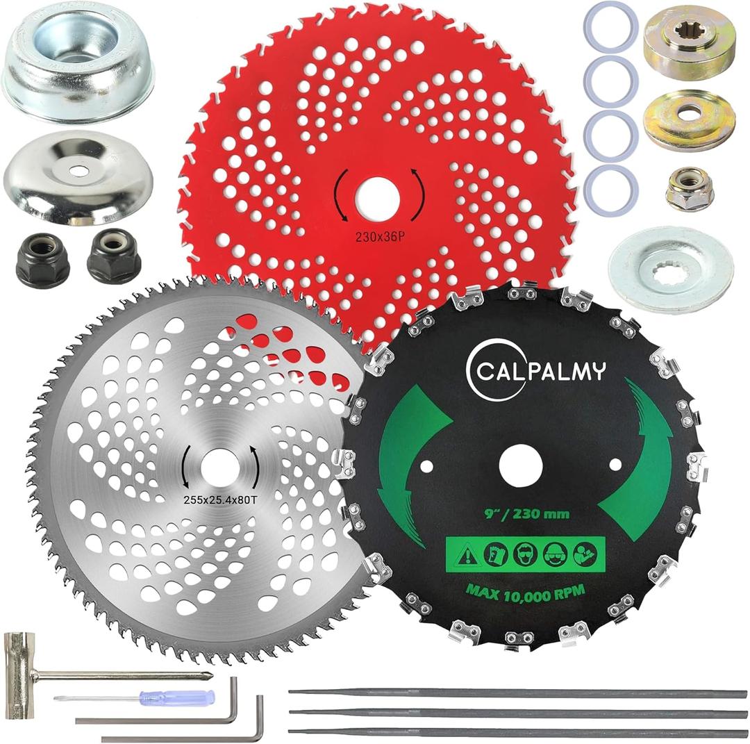 CALPALMY Brush Cutter Blade and Adapter Kit - 9" x 20T / 9" x 36T / 10" x 80T Circular Trimmer Chainsaw Tooth Saw Blade - for Cutters, Trimmers & Weed Eaters  Trims Trees, String & Underbrush
