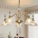 Gold Chandelier 5-Light Fixture with Crystal Glass Shade,Vintage Chandelier for Dining Room Kitchen Island Foyer Entryway