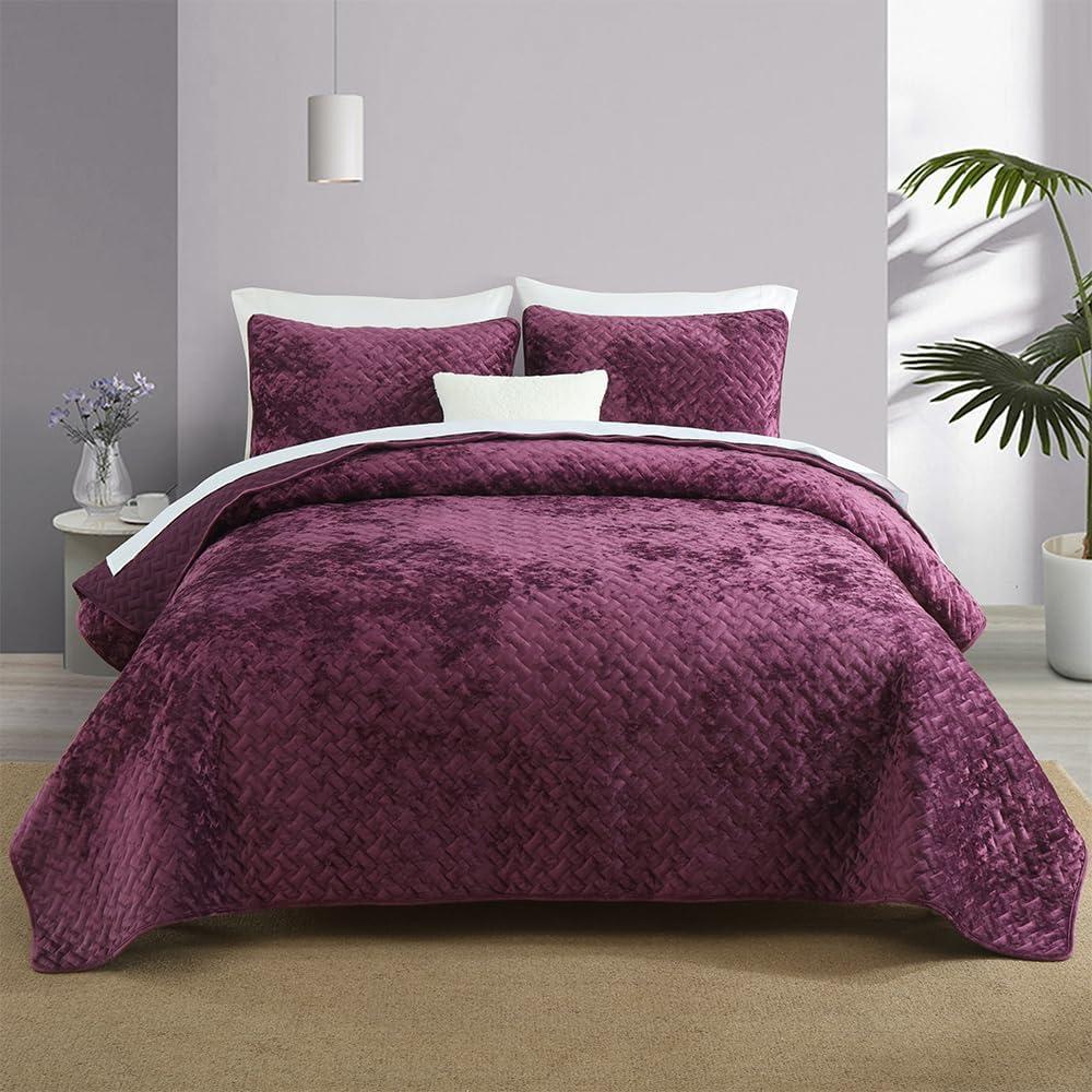 Liians Velvet Bedspread Quilt Bedding Sets, Luxury Elegant Ultra Soft Velvet Comforters Coverlet Blankets, Weave Stitching Pattern Cotton Quilted Bedspread for All Seasons, Purple, Queen Size