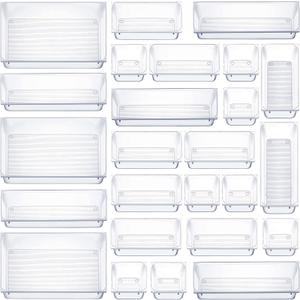 25 PCS Clear Plastic Drawer Organizers Set, 4-Size Versatile Bathroom and Vanity Drawer Organizer Trays, Storage Bins for Makeup, Bedroom, Kitchen Gadgets Utensils and Office Accessories
