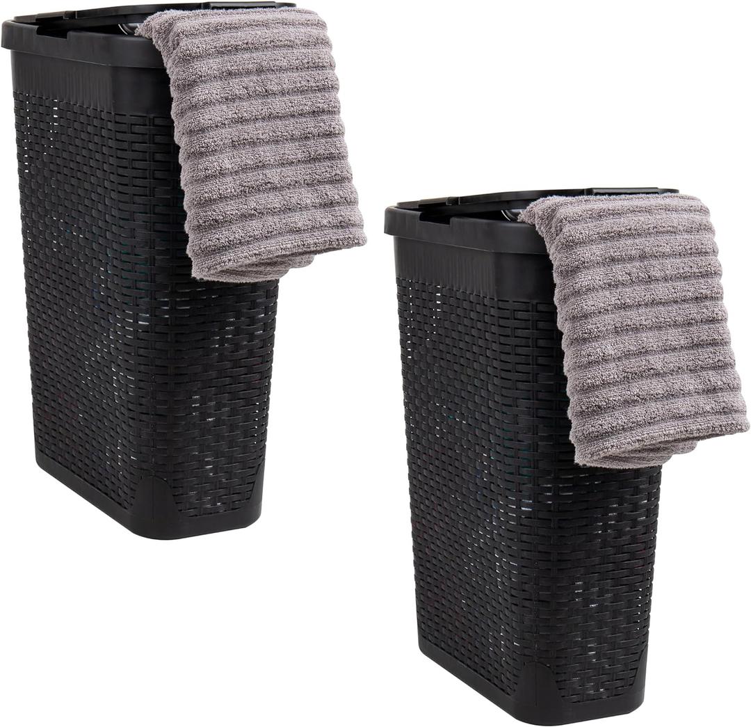 Mind Reader 40L Slim Laundry Hamper, Clothes Basket, Lid, Wicker Design, Plastic, 18"L x 10.4"W x 23.5"H, Set of 2, Black