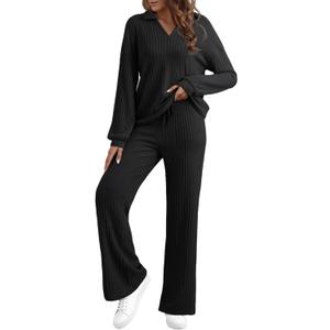 EVALESS Womens Pajama Sets Long Sleeve Sleepwear Matching Drawstring Elastic Pj Pants Ribbed Knit 2 Piece Lounge Set (Medium, Black)